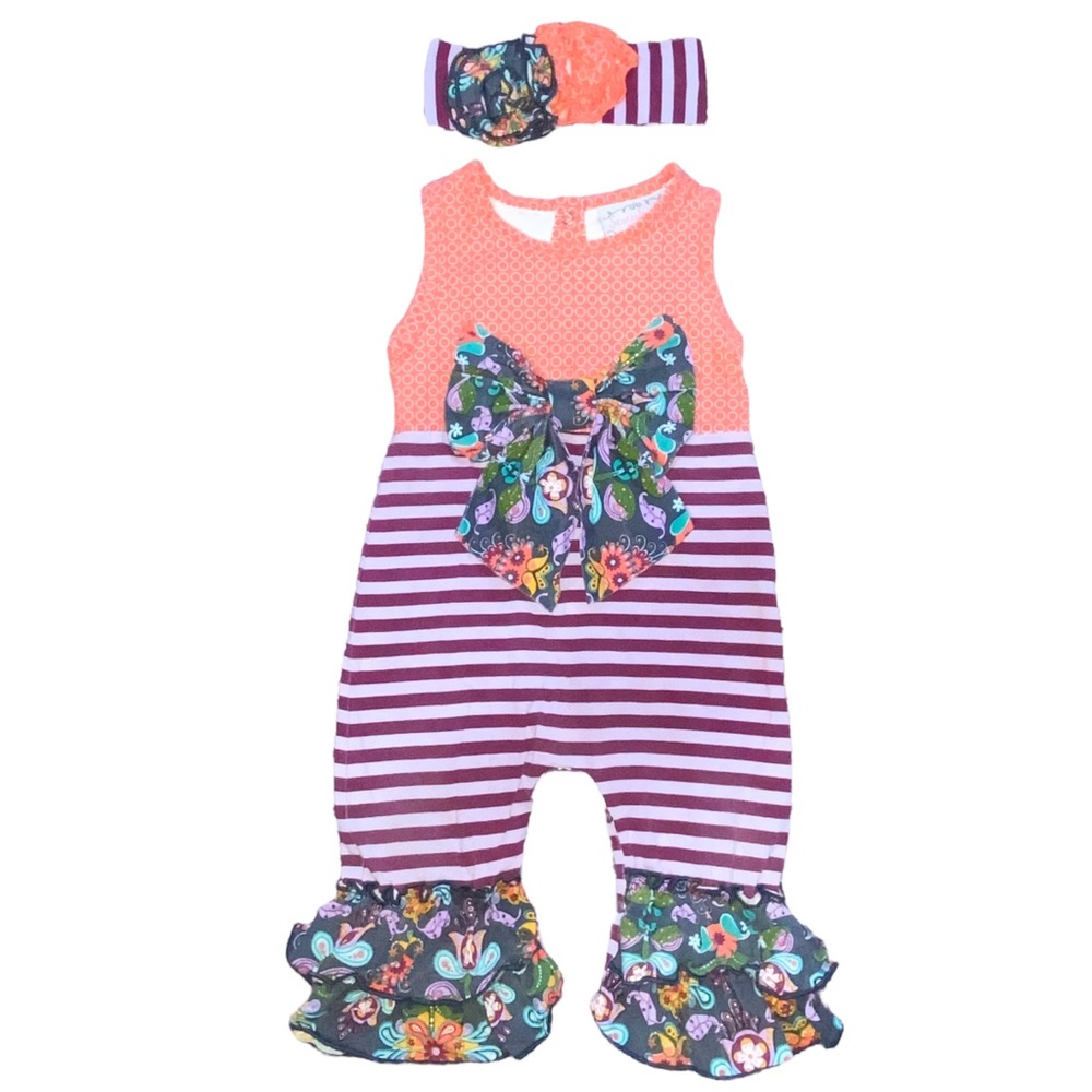 12m Serendipity Baby Girls Shrimp & Grits Boutique Romper Headband Outfit Set
